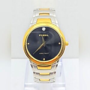 Mens Fossil Arkitekt Watch Black Diamond Dial Gold Silver Two Tone New Battery